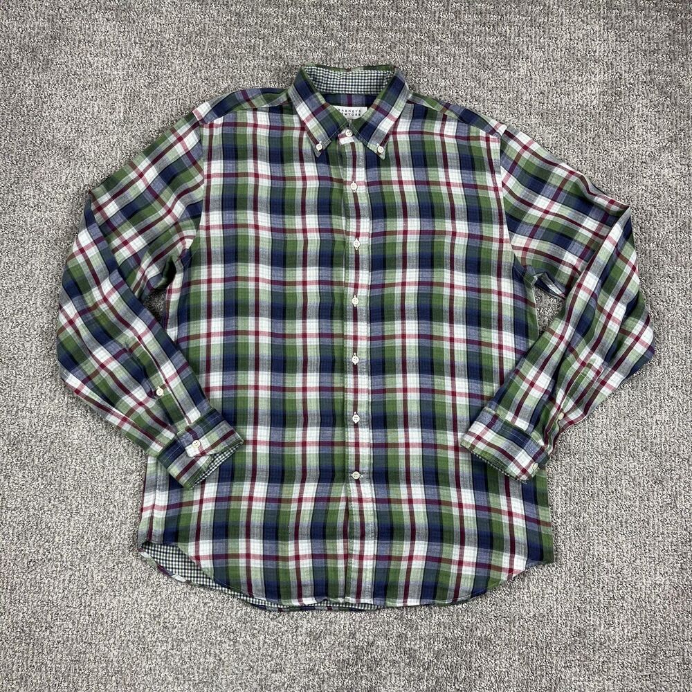 Barneys New York Shirt Mens Medium Green Blue Plaid Button Down Collar Cotton
